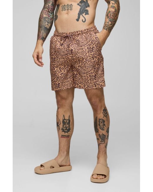 BoohooMAN Brown Mid Length Abstract Swims for men