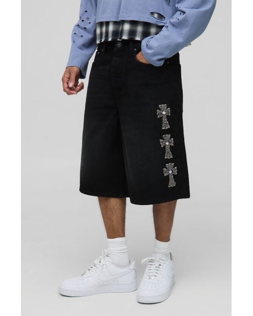 Pantalón Corto Regular Negro Desteñido Con Adornos Cruzados Boohoo de color Black