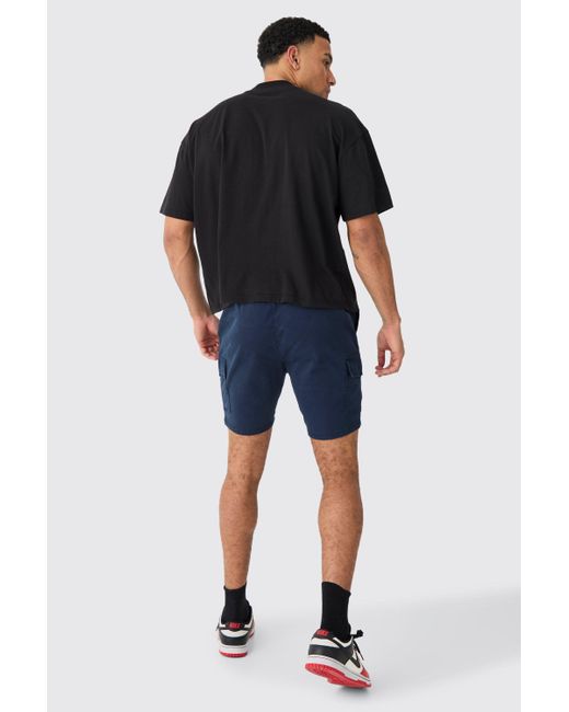 Boohoo Blue Skinny Fit Elasticated Waist Cargo Shorts In Navy