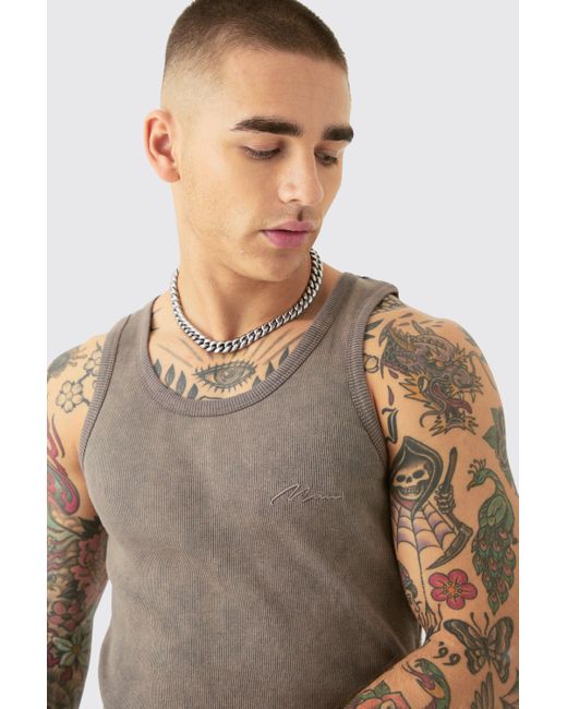 BoohooMAN Slim Acid Washed Man Signature Ribbed Vest in Gray für Herren