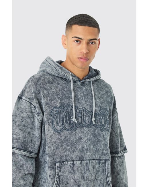 BoohooMAN Gray Oversized Faux Layer Acid Wash Embroidered Hoodie for men