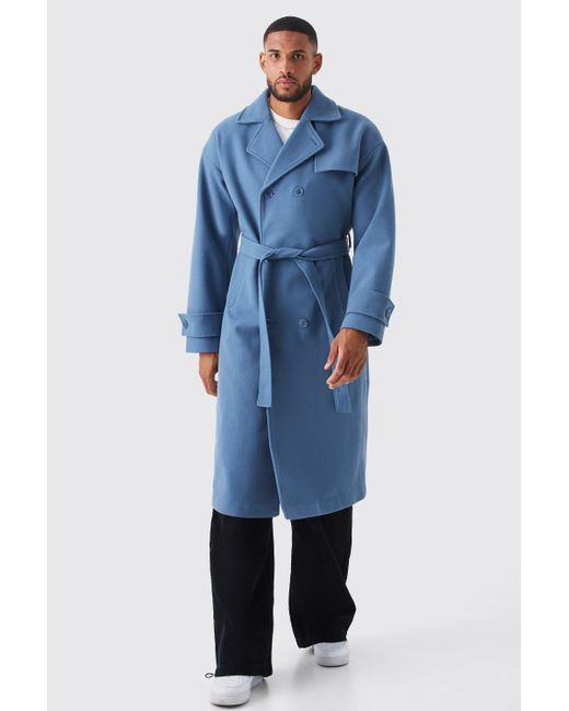 BoohooMAN Blue Tall Double Breasted Storm Flap Trench Overcoat for men