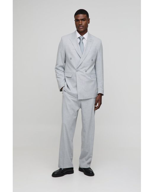 BoohooMAN Gray Oversized Pinstripe Double Breasted Suit Jacket for men