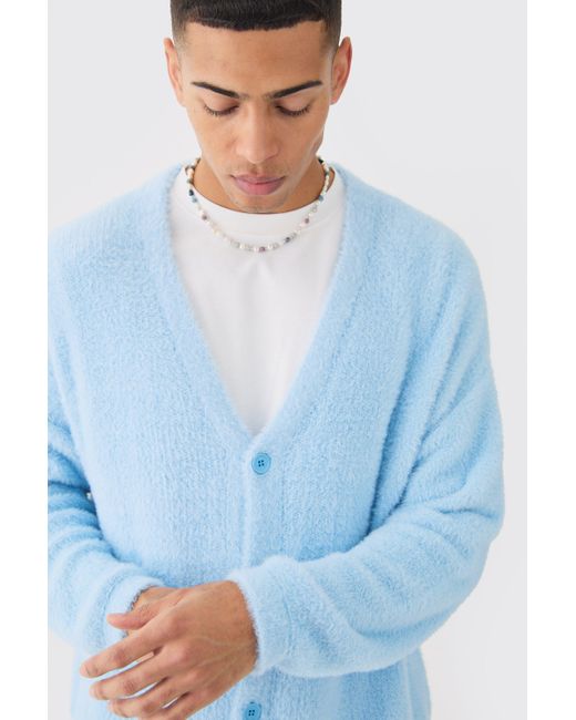 BoohooMAN Fluffy Knit Cardigan In Light Blue for men