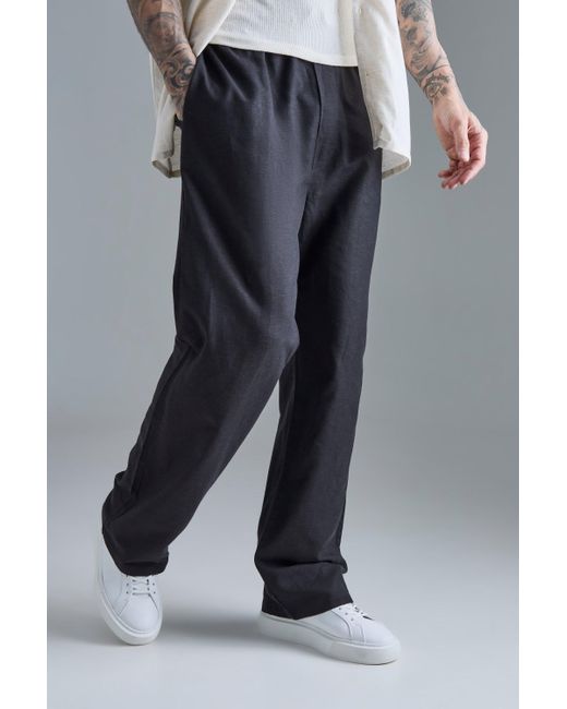 BoohooMAN Tall Elasticated Waist Relaxed Linen Trouser In Black for men