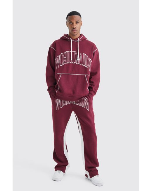 BoohooMAN Red Oversized Worldwide Contrast Stitch Hooded Gusset Tracksuit for men