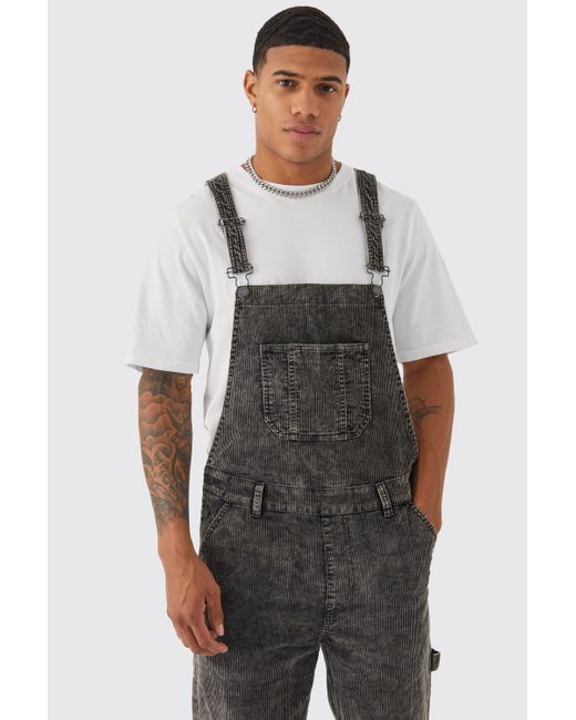 BoohooMAN Black Relaxed Acid Wash Cord Dungaree for men