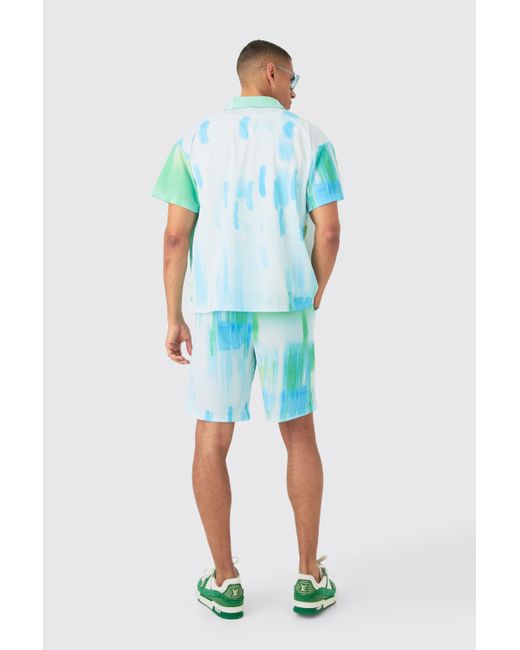 BoohooMAN Blue Boxy Mesh Glitch Shirt & Short Set for men
