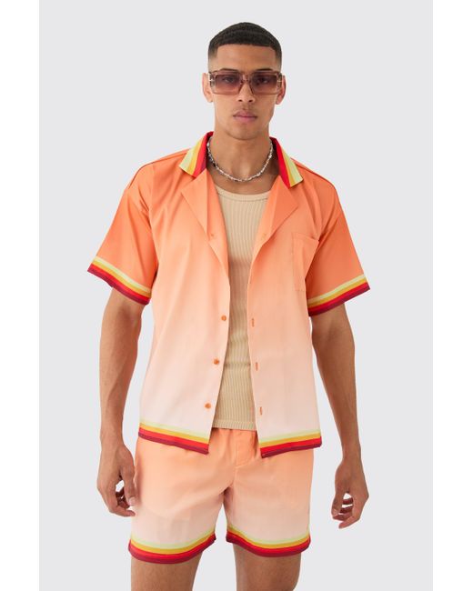 BoohooMAN Boxy Satin Ombre Short Sleeve Shirt & Short Set in Orange für Herren
