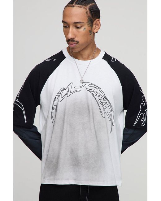 BoohooMAN Gray Oversized Boxy Raglan Faux Layer Graphic Washed T-Shirt for men