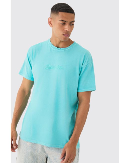 BoohooMAN Blue Oversized Distressed Neck Embroidered T-shirt for men