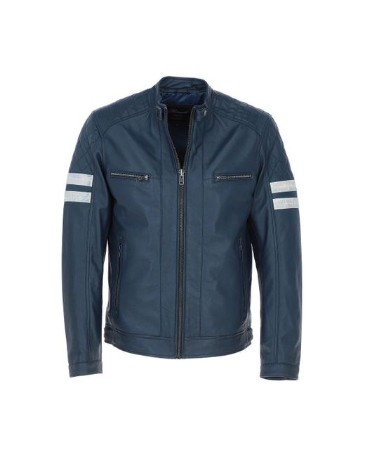 BoohooMAN Blue Ashwood Leather 'nova' Ashwood Leather Contrasting Stripe Biker Jacket for men