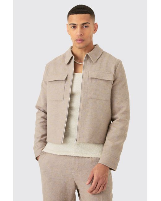 BoohooMAN Natural Textured Cotton Jacquard Smart Cargo Jacket for men