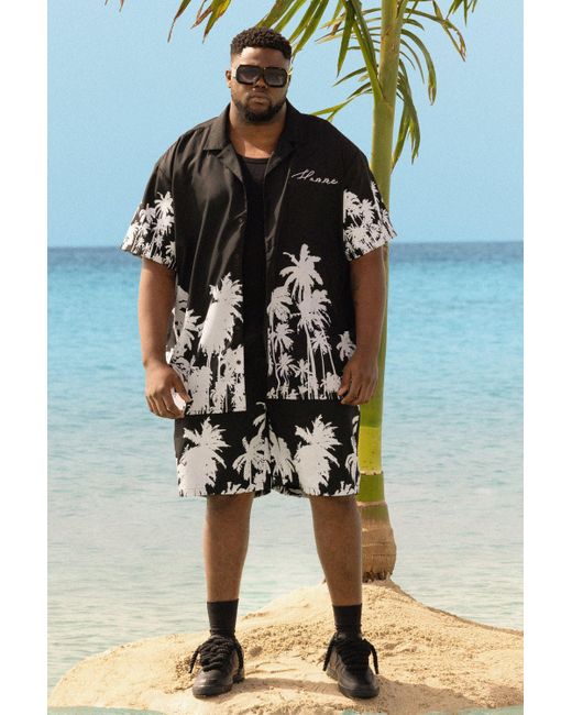 BoohooMAN Black Plus Soft Twill Palm Hem Oversized Boxy Shirt & Short Set for men