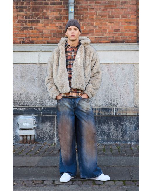 BoohooMAN Gray Super Baggy Rigid Dirty Wash Applique Denim Jeans for men