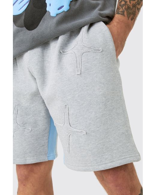 BoohooMAN Relaxed Grey Marl Raw Applique Shorts in Gray für Herren