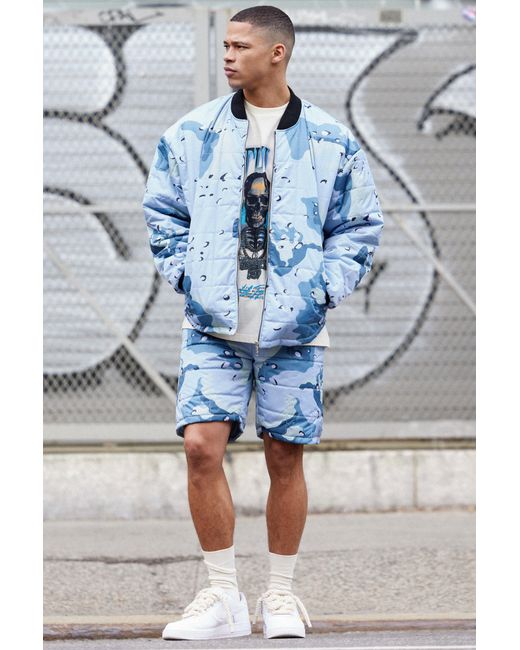 BoohooMAN Square Quilted Camo Short & Bomber Jacket Set in Blue für Herren