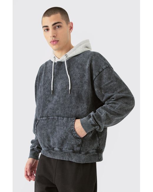 BoohooMAN Gray Oversized Boxy Acid Wash Hoodie With Contrast Hood for men