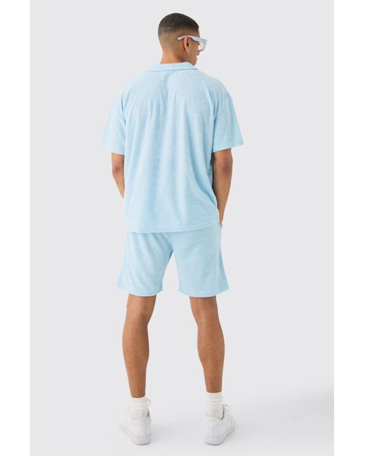 BoohooMAN Blue Oversized Revere Towelling Polo & Shorts Set for men