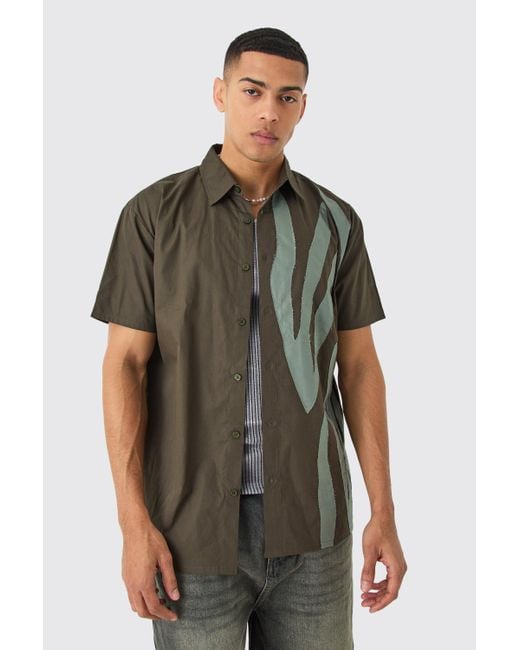 BoohooMAN Green Short Sleeve Oversized Poplin Stripe Applique Shirt for men