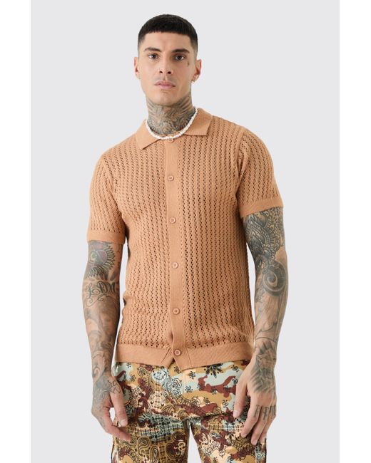 BoohooMAN Blue Tall Open Stitch Short Sleeve Knitted Shirt In Taupe for men