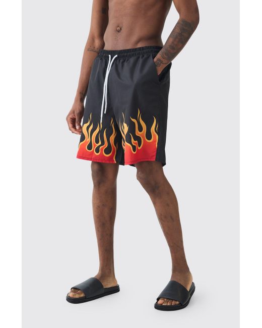 BoohooMAN Red Tall Flame Hem Print Swim Shorts for men