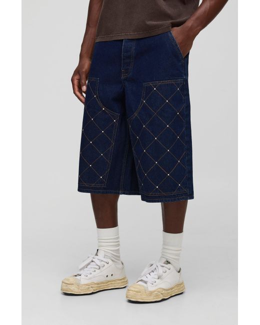 Embellished Carpenter Rigid Denim Longline Jorts Boohoo de color Blue