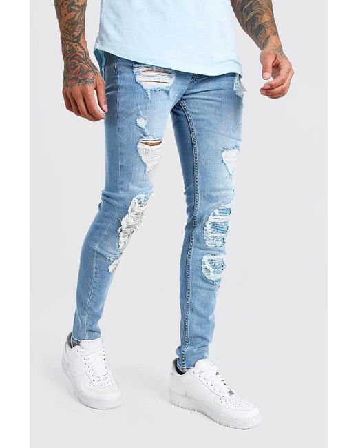 BoohooMAN Denim Super Skinny Bandana Biker Rip And Repair Jeans in Blue for  Men | Lyst