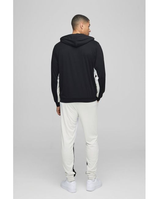 BoohooMAN Blue Regular Fit Interlock Panelled Hooded Zip Through Tracksuit for men