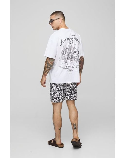 BoohooMAN Mittellange Badehose mit abstraktem Print in Black für Herren