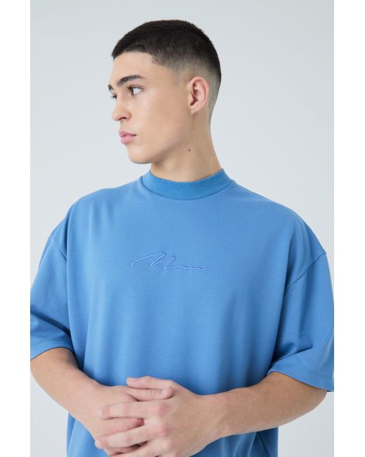 BoohooMAN Blue Oversized Boxy Premium Super Heavyweight Embroidered T-shirt for men