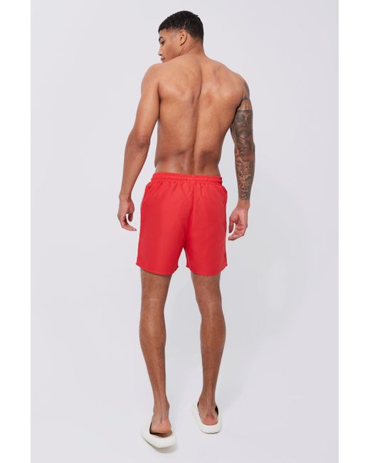 Boohoo Original Man Mid Length Swim Shorts in Red for Men | Lyst