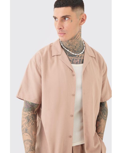 BoohooMAN Natural Tall Linen Drop Revere Shirt In Taupe for men