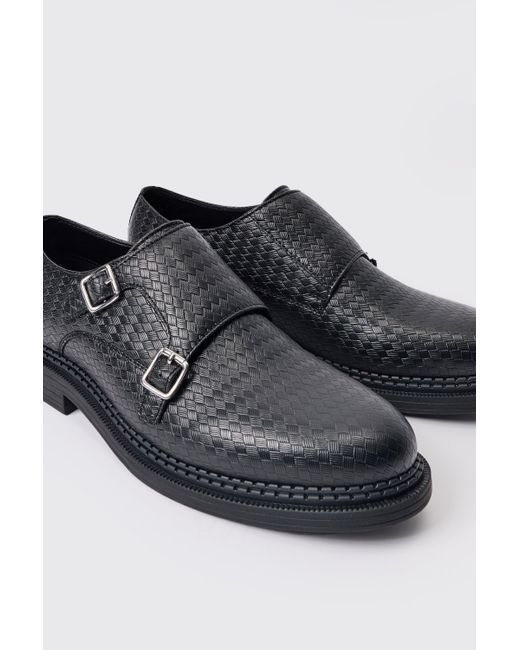 BoohooMAN Woven Pu Monk Strap Loafer In Black for men
