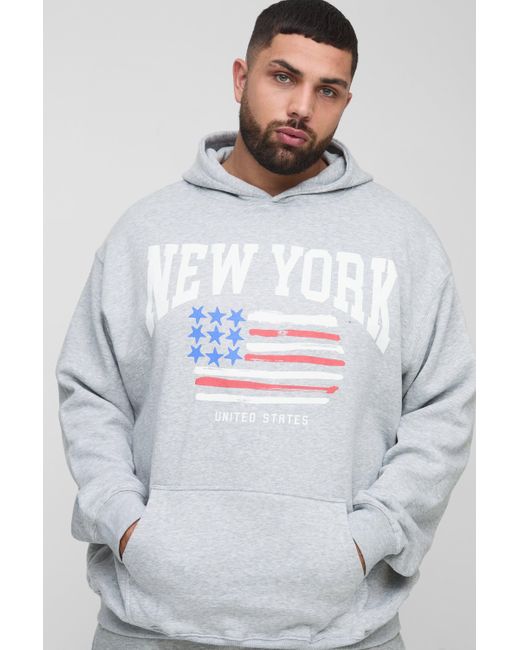 BoohooMAN Blue Plus New York Print Oversized Hoodie In Grey for men