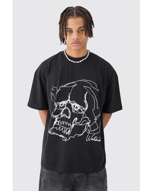 BoohooMAN Oversized Boxy Extended Neck Skull T-shirt in Black für Herren