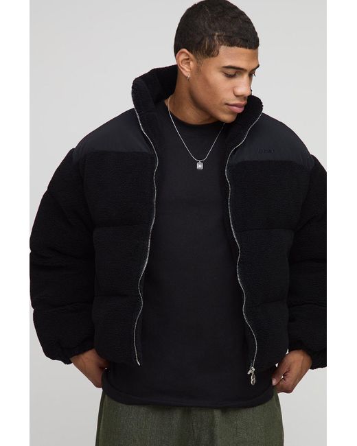 BoohooMAN Men's Black Boxy Fit Borg Nylon Mix Funnel Neck Puffer