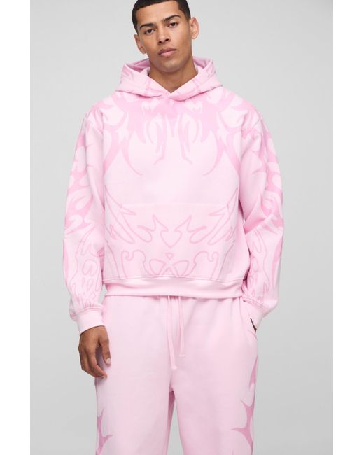 Chándal Oversize Recto De Pernera Ancha Con Capucha Y Estampado Boohoo de color Pink