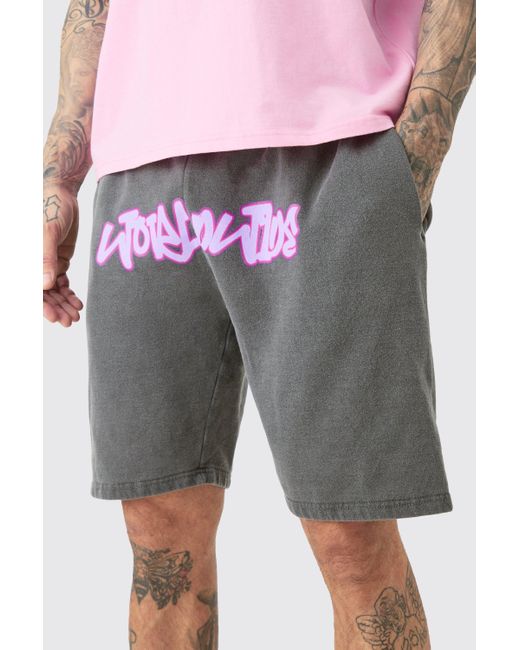BoohooMAN Gray Tall Loose Fit Overdye Worldwide Graffiti Jersey Shorts for men