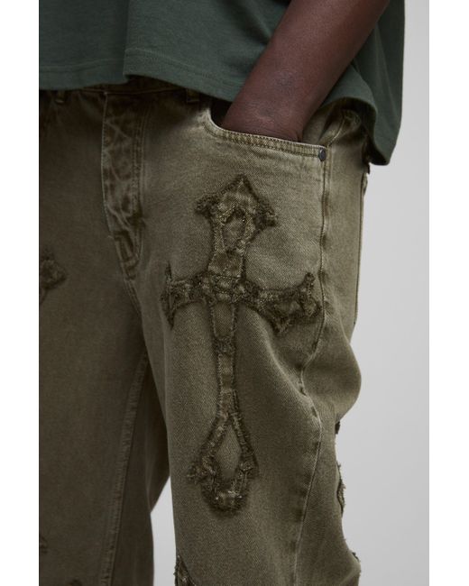 BoohooMAN Green Slim Flared Khaki Wash Cross Applique Gusset Jeans for men