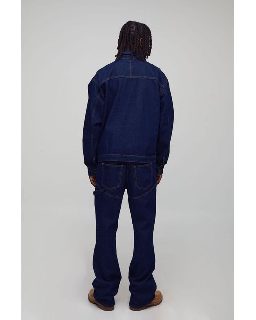 BoohooMAN Blue Varsity Badge Applique Denim Worker Jacket for men