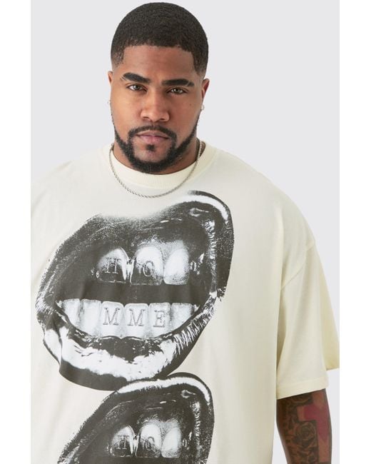 BoohooMAN White Plus Oversized Metallic Homme Lips Print T-shirt In Ecru for men