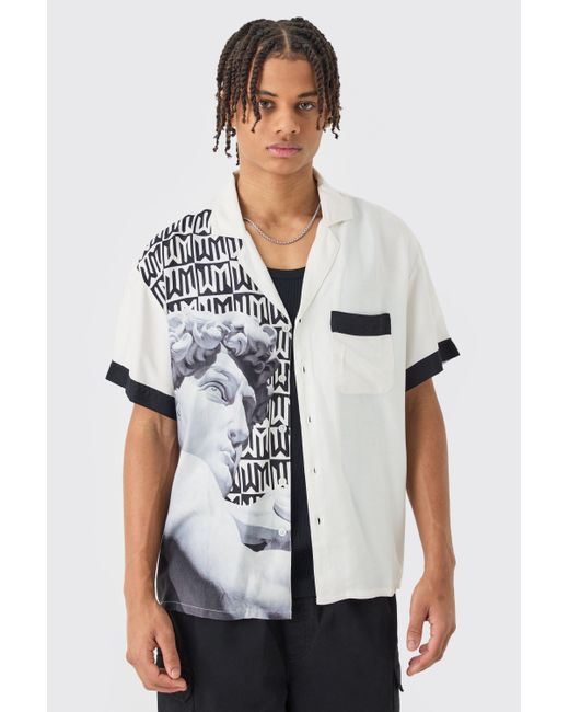 BoohooMAN Gray Short Sleeve Boxy Viscose Spliced Statue Shirt for men