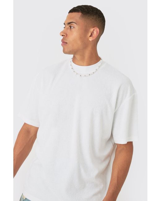 Oversized Extended Neck Towelling T-Shirt Boohoo de color White