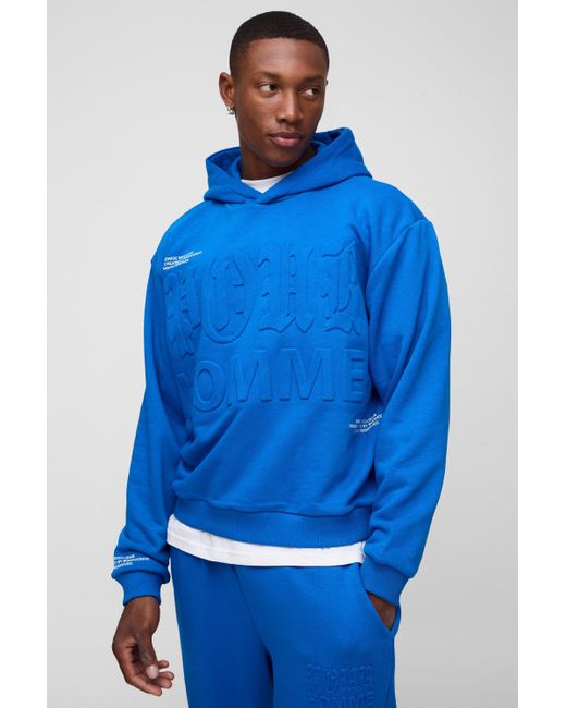 BoohooMAN Blue Oversized Printed Embossed Hoodie for men