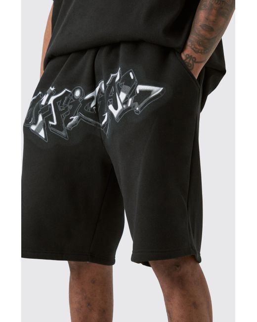 BoohooMAN Tall Relaxed Official Graffiti Spray Shorts in Black für Herren