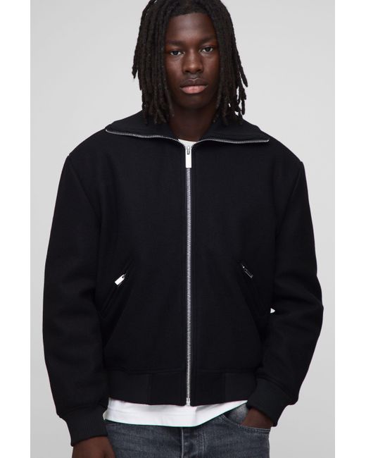 BoohooMAN Men's Black Regular Fit Knitted Collar Zip Up Wool Look