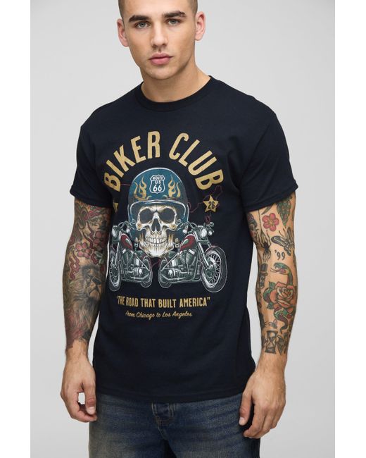 BoohooMAN Blue Regular Fit Route 66 Biker Club License Graphic T Shirt for men
