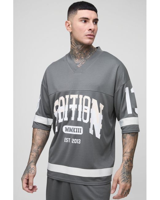 Boohoo Gray Tall Varsity V-Neck Mesh Oversized T-Shirt