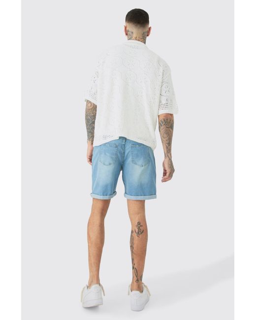 BoohooMAN Blue Tall Stretch Denim Slim Fit Shorts In Light Wash for men